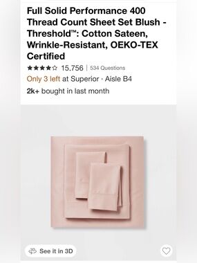 THRESHHOLD Full Size Solid Performance 400 Thread Count Sheet Set - Blush